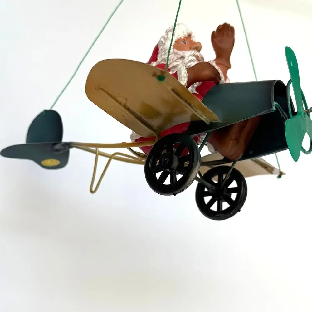 Rare Vintage Santa in Plane Metal Mobile Christmas Ornament